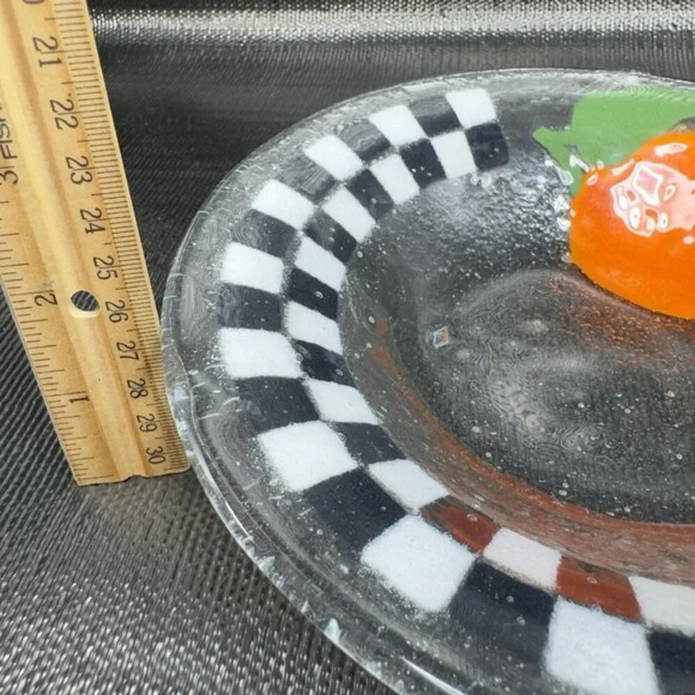 Peggy Karr Fused Glass Checkerboard‎ Plate Dish 8inch With An Orange Glass Bowl